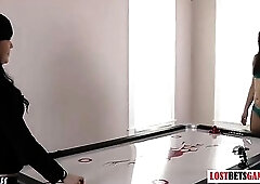 2 hot cuties play a game of undress air hockey