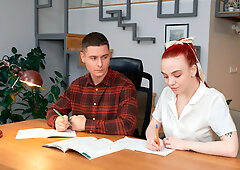 Fiery Redhead Student Fucks College Colleague On Desk