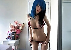 Cute emo girl Honey Heavencide shows off her body while trying on a bunch of bikinis