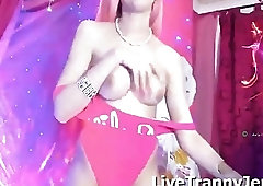 Gorgeous shemale amateur loves masturbation and performing a strip show