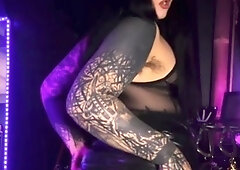 Busty curly brunette with big boobs fucks on couch