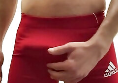 Red Adidas shorts and silky boner thong