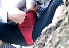 Transgender in Spandex Swimsuit voids urine during the time that running