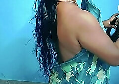 Desi milf get ready for party and wearing saree with sleeveless blouse