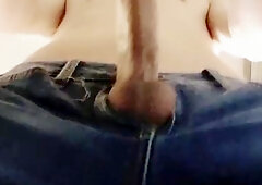 Femboy in denim cut-offs and sloppy soles pummels semi-transparent fleshlight