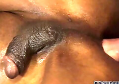 Ebony tranny gets jizz flow after riding shlong bareback and rimjob
