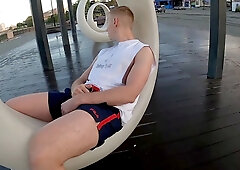 Guy gets naughty in the city, milking himself while strolling in the morning