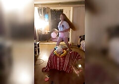 Sexy step mommy in brassiere and pants popping balloons with cigarettes, gets her lewd and snatch moist