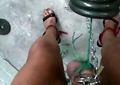 Sissy piggy 5kg ball weight CBT ball busting in its pig shed home hotty Scarlett ebony