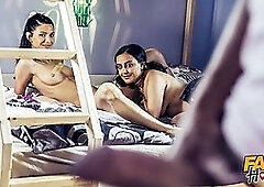 Watch this Muslim chick with small tits and a small ass get hardcore doggystyle action with FFM in fake hostel