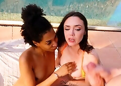 Interracial threeway fun with ebony and brunette sluts