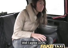 FakeTaxi Unshaved brunette hair has sex with taxi driver