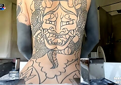 Marseline Black explores her tattooed body with fingers in bath and bedroom