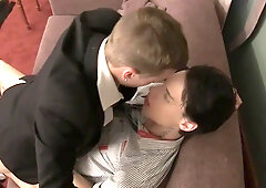 Hot oral seduction on the couch with Lewis Romeo and Steve Agostina