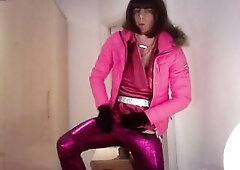 jess silk riding sex-toy in hawt pink suit and jacket with bob wig face overspread in cum