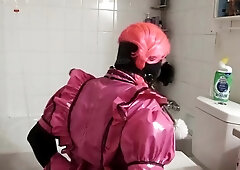 Sissy Maid Cleaning Restroom With Fresh Brush Gag