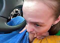 Pretty Teen Bitch Sucks Dick In Car And Gets Fingered By Older Man