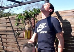 Outdoor bottom fucked doggystyle by BF after cocksucking