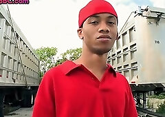 Bushy Black twink outdoor fucked by white top for money