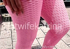 Hotwife Katrin outdoors and in supermarket in tigght pink bodysuit - Big tits