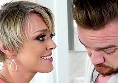 Short haired cougar fucks her son's friend in the kitchen