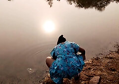 Hot Desi Sexy Bhabhi Girl Shows Sexy Boobs By Doing Bath Show In Outdoor, Also Roams In Forest