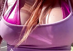 European Stepmom Showing her soaked bazookas close up whilst walking around