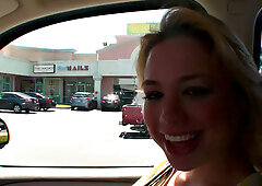 Blonde bombshell Rush gets her big tits jizzed on in car POV