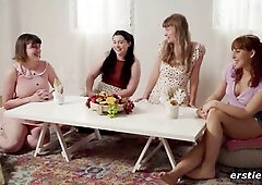 4 ladies dive right in and explore sexy lesbo sex