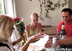 Birthday leads to 3some with mature couple and teen