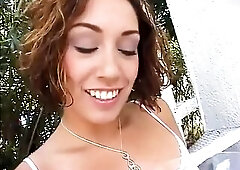 Excellent brunette hair playgirl with a cute face and a flaming hawt body sucks those giant cocks and gets her snatch screwed hard in a superb trio in