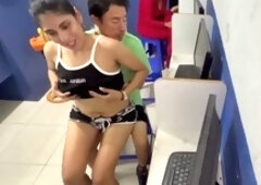 Steamy session at the cyber cafe while a customer watches, how sweet it is!