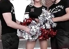 Shemale blows two guys at once and fucks them too