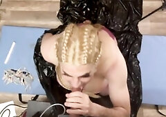 Blond tranny wearing steel hawt pink one piece swimsuit strokes schlong to orgasm on her biggest melons. Views from above and side enslave the giant l