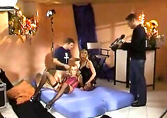 See blond women in ebony nylons riding a wang with her booty gap