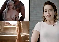 A split screen compilation of celebrities in clothes and a clip of their nude movie scene