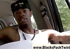 White dude gobbles down black cock in back of a van