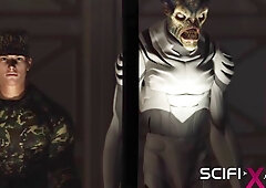 Area 51. Sci-fi android futa plays with a sexy busty hottie in the lab