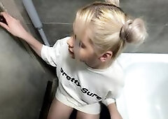 Blonde bombshell gets a mouthful of cum in the bathroom