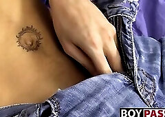 Tattooed skinny twink Ryan sprays cum after dick stroking