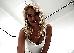 Serbian auburn hottie Cherry Kiss is really happy to give footjob and blowjob