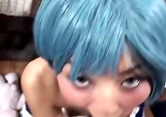A cosplaying dame in a blue peruke for this pov fun