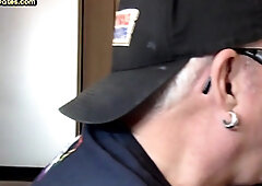 Real gloryhole DILF sucks cock at home in amateur closeup