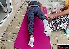 Curvy Thai lesbian MILFs outdoor dildo fun riding it together