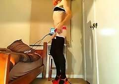 Fucking machine, high heels crossdressing and stockings