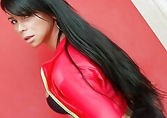 Busty shemale slut Milena Z strokes her cock in bed