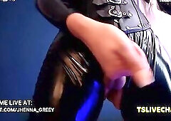 Blonde tranny blonde with nice ass and dildo in her anus in webcam