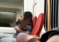 Young nerdy brunette caught my dick flash on public train ride. Original video.