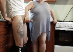 In The Morning, In The Kitchen, A Fat Woman Masturbates My Dick To A Cumshot