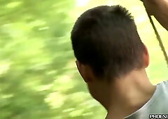 Adorable platinum-blonde lad jizzes while getting screwed in nature